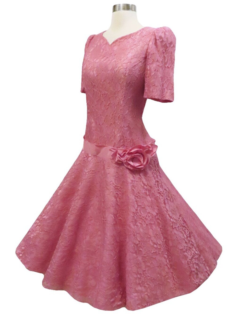 Vintage 80s Pink Floral Lace Drop Waist Full Skirt Prom Costume Party Dress L